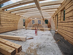 Wooden timber building, house under construction