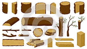 Wooden timbers. Tree trunk, woodwork planks and logging twigs, lumber industry chopped firewood material isolated vector