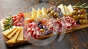 A wooden ting board with a variety of cheeses meats and olives arranged in an appetizing display