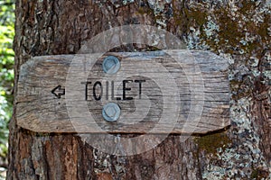 Wooden toilet sign bolted on a tree