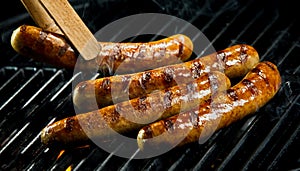 Wooden tongs turning sausages on barbecue grill photo