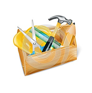 wooden tool box with hard hat, hammer, ruler, and scissors isolated