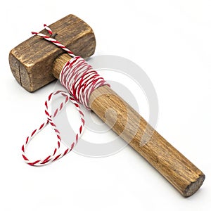 Wooden tool wrapped with red and white string
