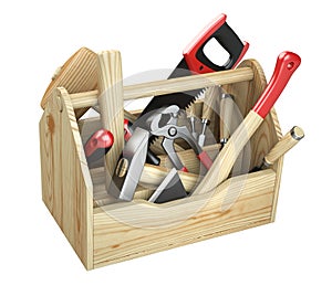 A wooden toolbox containing with ax, chisel, pliers, mallet, hammer, screwdriver, wrench, saw and wire cutters