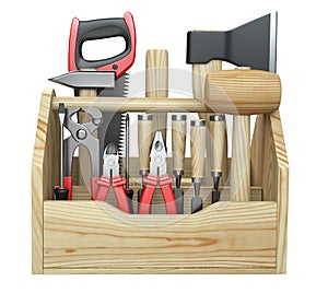 A wooden toolbox containing with ax, chisel, pliers, mallet, hammer, screwdriver, wrench, saw and wire cutters