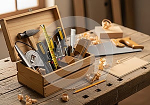 Wooden toolbox filled with carpentry tools on a workbench