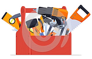 Wooden toolbox full of repair or construction instrument vector flat cartoon illustration