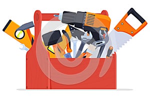 Wooden toolbox full of repair or construction instrument vector flat cartoon illustration photo