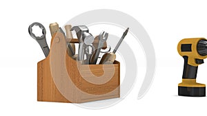 Wooden toolbox with tools. 3D render