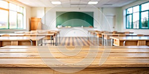 Wooden top with blurred empty classroom background