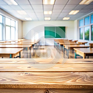 Wooden top with blurred empty classroom background