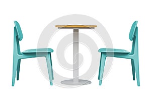 Wooden Top Dining Table and Blue Chairs Isolated on White Background, Modern Style Interior Design with Clipping Path