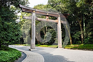 Wooden Torii gateway, the traditional Japanese gate at Shinto Shrine.