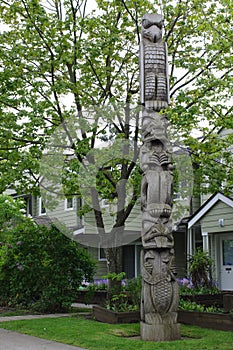 Wooden totem pole in front of residential houses