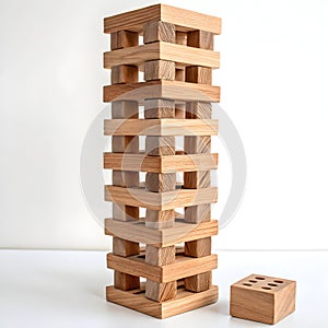 Wooden tower made of blocks isolated on white background photo