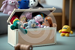 Wooden toy box with many color kid toys inside. Close up, focus on foreground