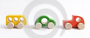 Wooden toy car in cartoon style on white background. Colorful and Transportation background, eco kid toys Montessori .