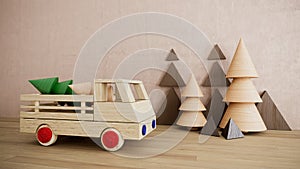 Wooden toy car with pine trees christmas holiday background photo