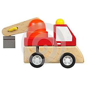 Wooden toy crane truck isolated on white