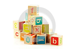 Wooden toy cubes with letters.