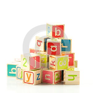 Wooden toy cubes with letters.