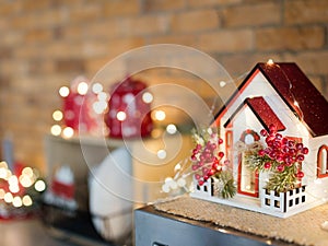 Wooden toy house and Christmas lights