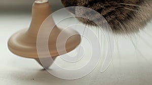 wooden toy spinning top is spinning on a white table. The top slows down, losing balance or stability and falls on its