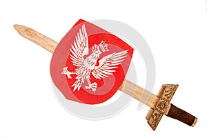 Wooden toy sword and shield a coat of arms of Poland