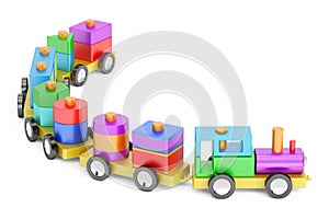 Wooden toy train with colorful blocs, 3D rendering