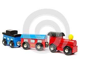 Wooden toy train with colorful blocs isolated