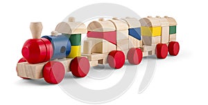 Wooden toy train with colorful blocs isolated over white