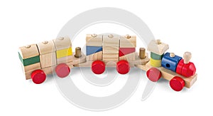 Wooden toy train with colorful blocs isolated over white with cl