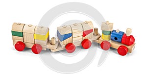 Wooden toy train with colorful blocs isolated over white with cl