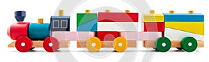 Wooden toy train with colorful blocs over white photo