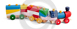 Wooden toy train with colorful blocs over white photo