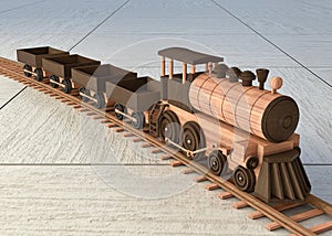 Wooden toy train. Wooden train on the rails on the floor bearing four wagons. 3d illustration