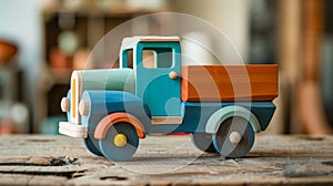 A wooden toy truck painted with nontoxic dyes and made from responsibly sourced timber photo