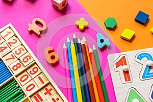 Wooden toys, blocks with abc, with numbers. Preschool, elementary school education. Development games for kids.