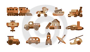 Wooden toys. Cartoon toy workshop, wood train car ship and animals, different children puzzles isolated on white. Vector