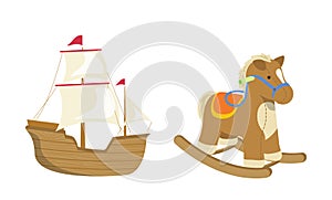Wooden toys for children kit, rocking horse and sailboat ship isolated on white background