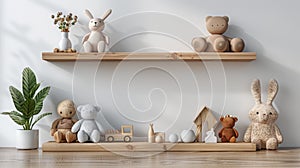 Wooden toys lined up on shelves against white wall