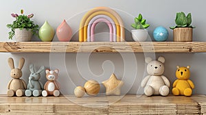 Wooden toys lined up on wooden shelves against wall