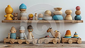 Wooden toys and wooden shelves against white wall