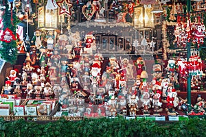 Wooden toys and xmas decorations at Christmas Market Stall - Nuremberg, Bavaria, Germany