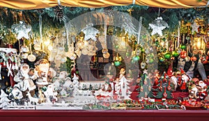 Wooden toys and xmas decorations at Christmas Market Stall - Nuremberg, Bavaria, Germany