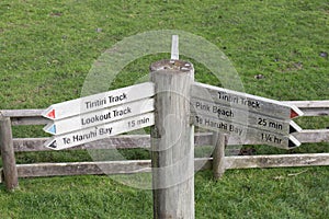Wooden track pointer at Shakespear Regional Park, New Zealand