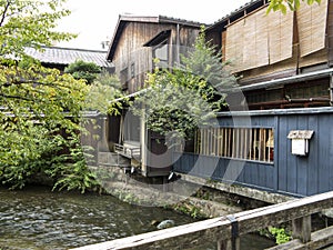 Wooden traditional houses along Shirakawa Canal in old Gion