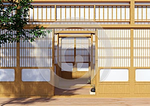 Wooden traditional Japanese Shoji door, Japanese traditional building exterior