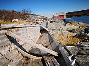 Wooden traditional Norwegian boat on the fjord coast