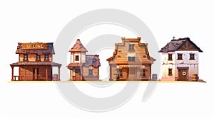Wooden traditional western architecture set with saloon, bank, sheriff, and store. House exterior with cowboy style